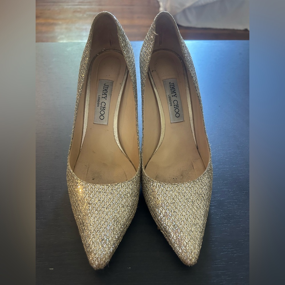 Jimmy Choo Gold Glitter Pointed-Toe Heels